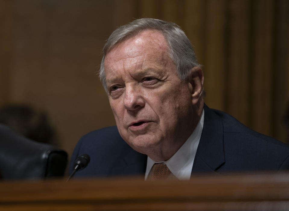Sen. Dick Durbin, D-Ill., questions White House lawyer Steven Menashi, President Donald Trump's nominee for U.S. Court of Appeals for the 2nd Circuit, during his confirmation hearing before the Senate Judiciary Committee, on Capitol Hill in Washington, Wednesday, Sept. 11, 2019. Menashi's guarded responses were frustrating at times to both Democrats and Republicans on the Judiciary panel. (AP Photo/J. Scott Applewhite)