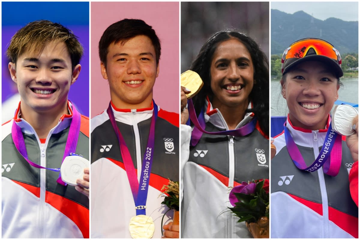 Outstanding Team Singapore athletes at the 2023 Hangzhou Asian Games: (from left) swimmer Teong Tzen Wei, kitefoiler Maximilian Maeder, sprinter Shanti Pereira and kayaker Stephenie Chen. (PHOTOS: Getty Images/SNOC/Sport Singapore)