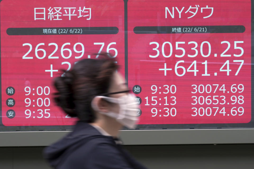 A woman wearing a protective mask rides a bicycle in front of an electronic stock board showing Japan's Nikkei 225 and New York Dow Jones indexes at a securities firm Wednesday, June 22, 2022, in Tokyo. Asian shares were mostly lower Wednesday as markets shrugged off a Wall Street rally and awaited congressional testimony by Federal Reserve Chair Jerome Powell. (AP Photo/Eugene Hoshiko)