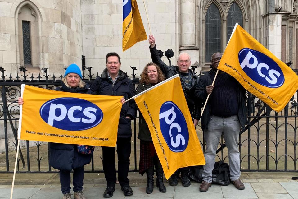 File photo: Fran Heathcote, president of the Public and Commercial Services (PCS) union (centre) (PA Wire)
