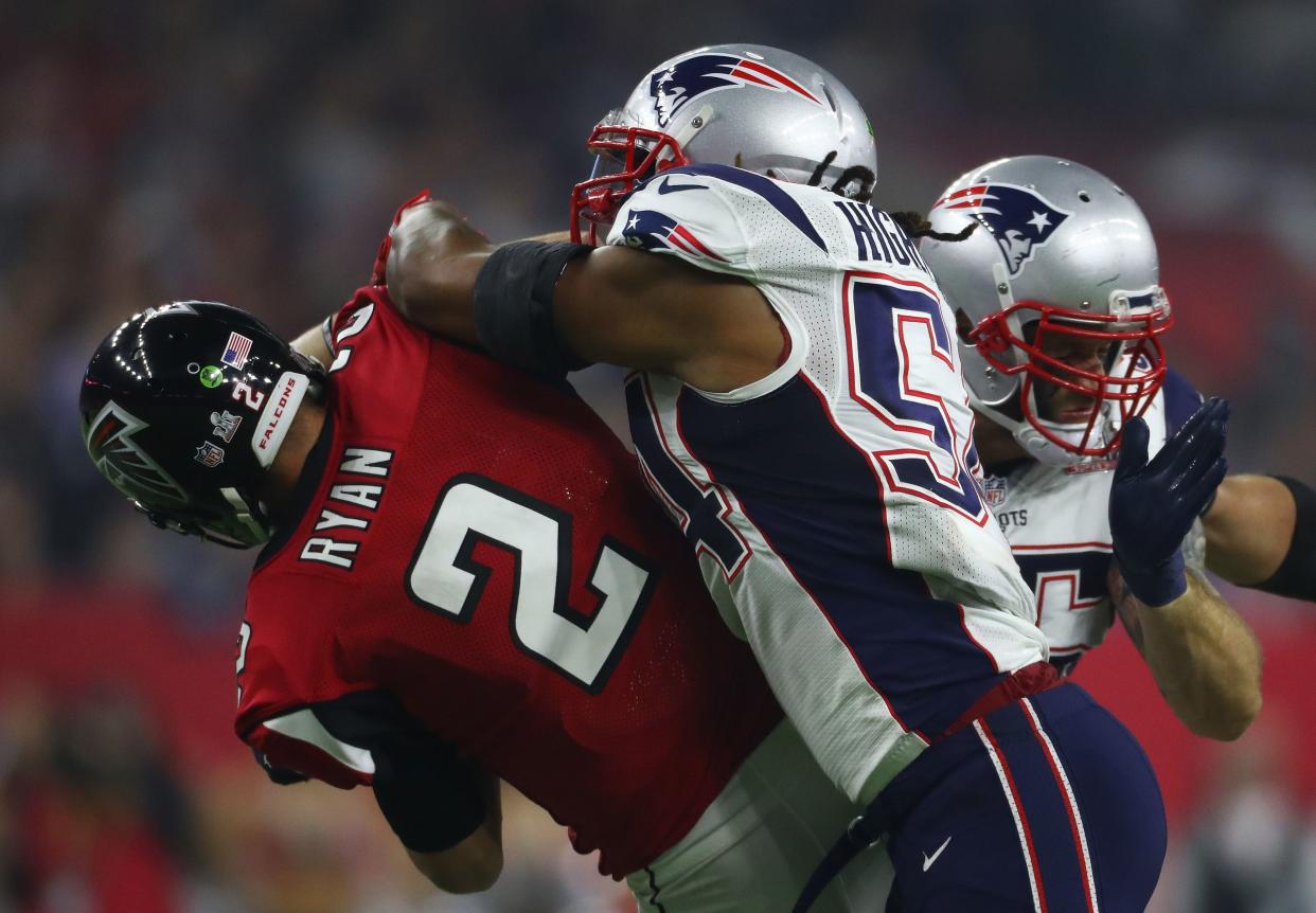 Matt Ryan #2 of the Atlanta Falcons is sacked by Dont'a Hightower #54 of the New England Patriots during the fourth Quarter of Super Bowl 51 at NRG Stadium on February 5, 2017