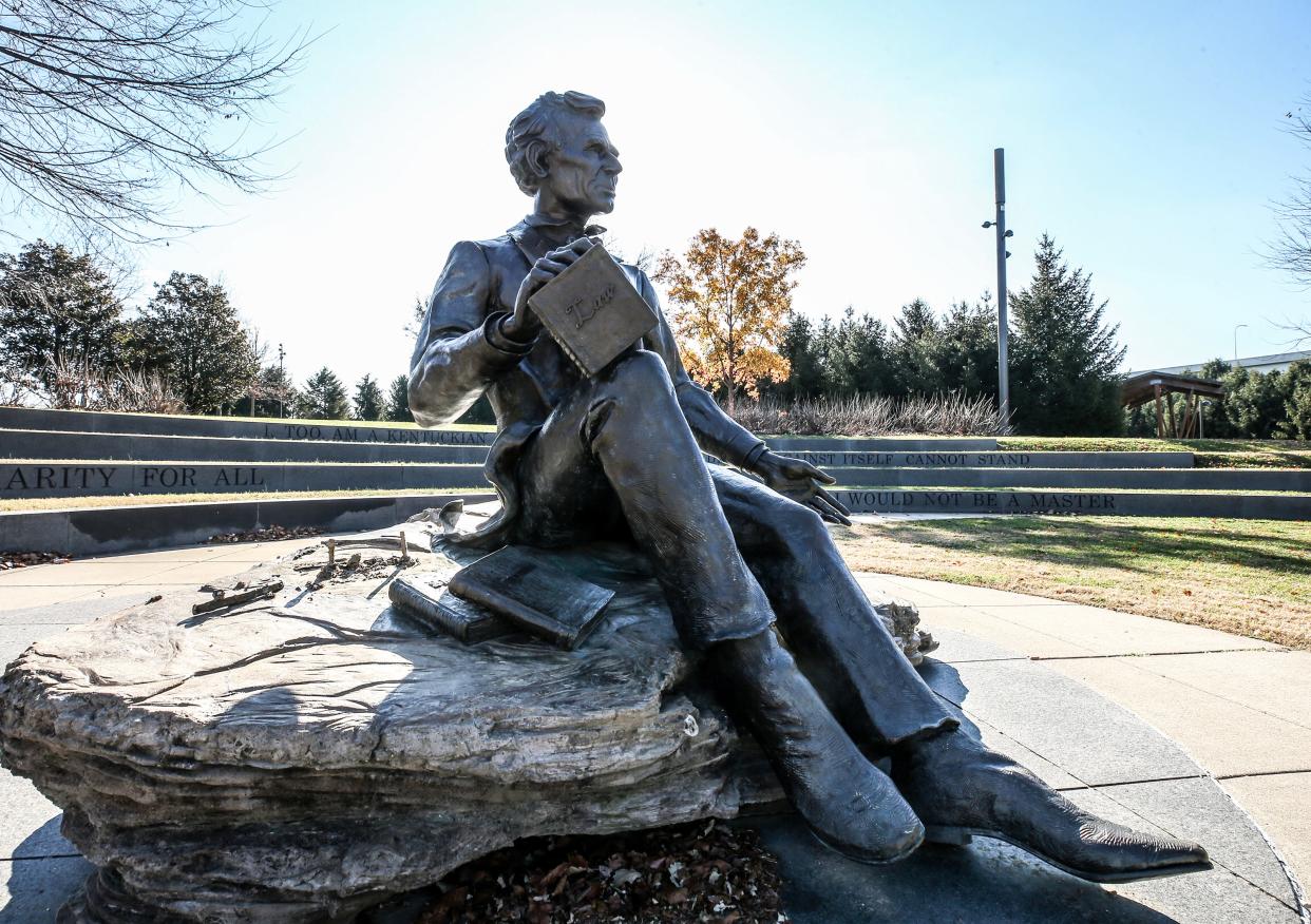 The statue of Abraham Lincoln at Waterfront Park, created by sculptor Ed Hamilton, is now missing the top hat. December 11, 2023