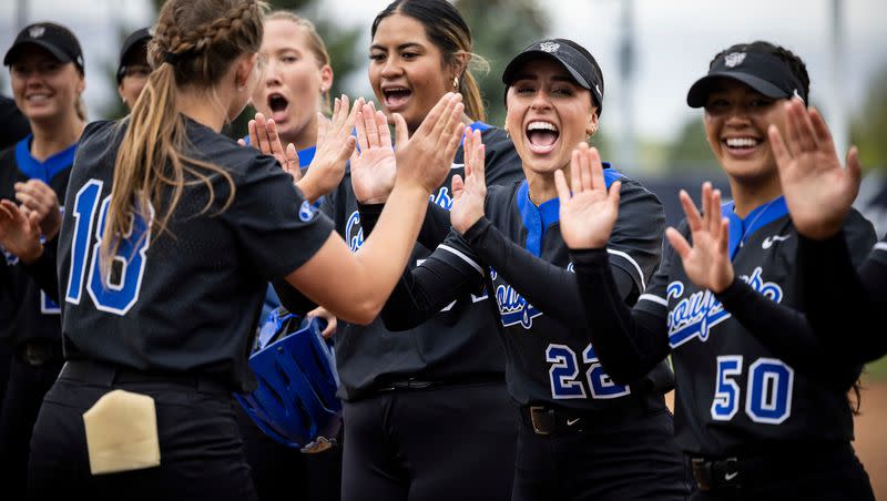 BYU softball players celebrate during game against Pacific during the 2023 season.