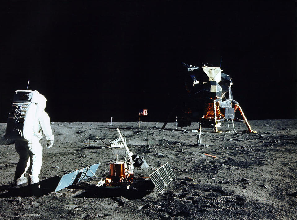 Buzz Aldrin stands near a scientific experiment on the lunar surface. (Photo by NASA/Newsmakers)