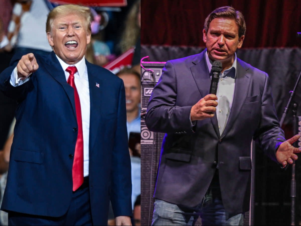 Left: Donald Trump speaks during a campaign rally in support of Doug Mastriano for Governor of Pennsylvania and Mehmet Oz for US Senate at Mohegan Sun Arena in Wilkes-Barre, Pennsylvania on 3 September 2022 – Right: Florida Governor Ron DeSantis speaks during a tour campaign event at the Alico Arena ahead of the midterm elections on 6 November 2022 in Fort Myers, Florida (Left: ED JONES/AFP via Getty Images – Right: GIORGIO VIERA/AFP via Getty Images)