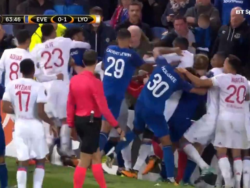 Everton fan who tried to hit Lyon player while holding his son blames players and club for allowing incident to happen