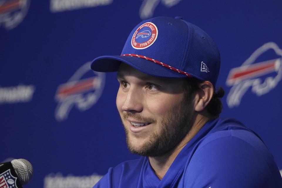 Buffalo Bills quarterback Josh Allen meets with the media during an NFL football news conference, Thursday, April 18, 2024. The Bills dynamic duo of Allen and Stefon Diggs is no more, after Buffalo's decision to trade the receiver to Houston last last month. (Harry Scull Jr./The Buffalo News via AP)