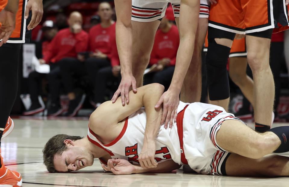 Utah Utes guard Luka Tarlac (21) winces after getting fouled by Oregon State at the University of Utah’s Huntsman Center in Salt Lake City on Thursday, Jan. 18, 2024. | Laura Seitz, Deseret News