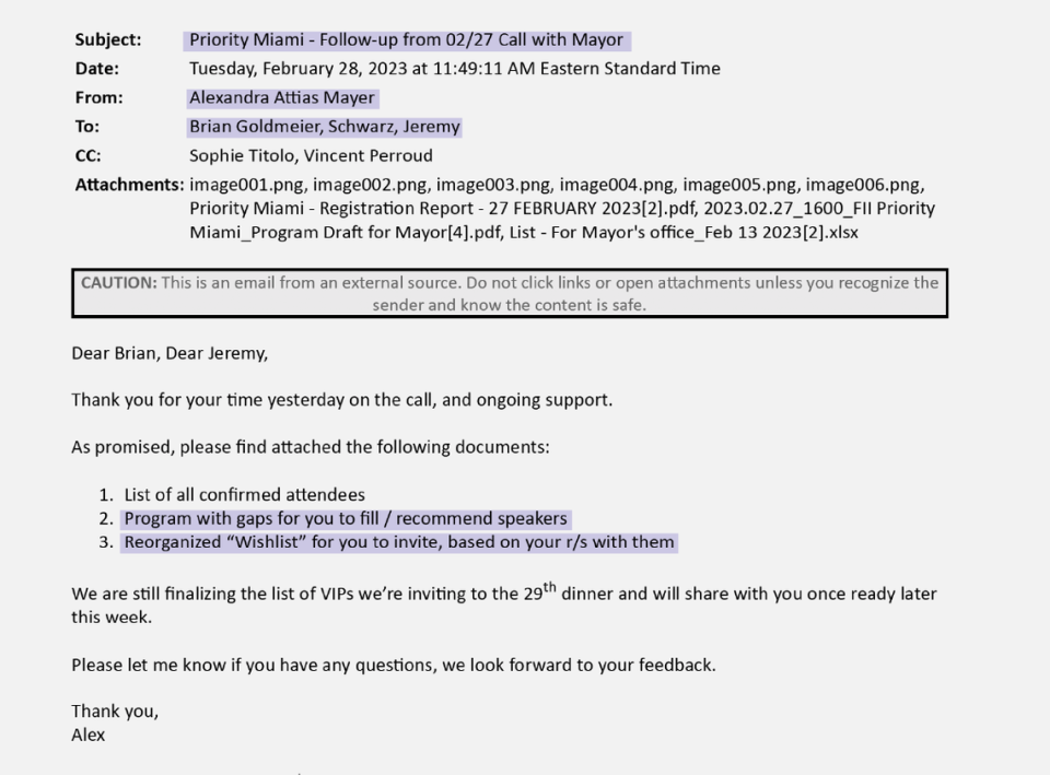 Email communication from Alexandra Attias Mayer, representing the fund, to Brian Goldmeier, Francis Suarez’s campaign consultant, and Jeremy Schwarz, Suarez’s senior aide. 