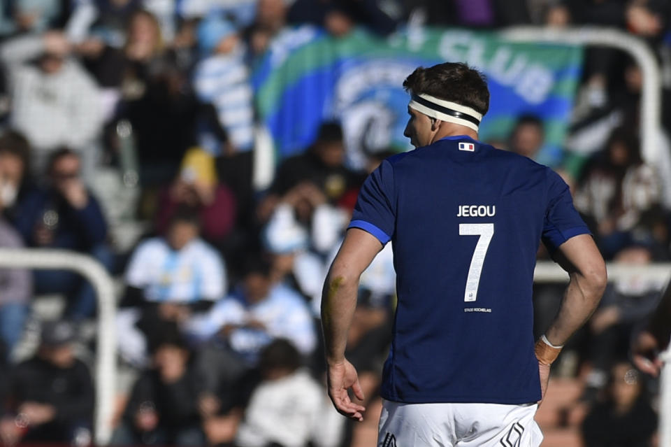 El jugador de rugby francés Oscar Jegou durante el partido contra Argentina, el sábado 6 de julio de 2024, en Mendoza, Argentina. (AP Foto/Gustavo Garello)