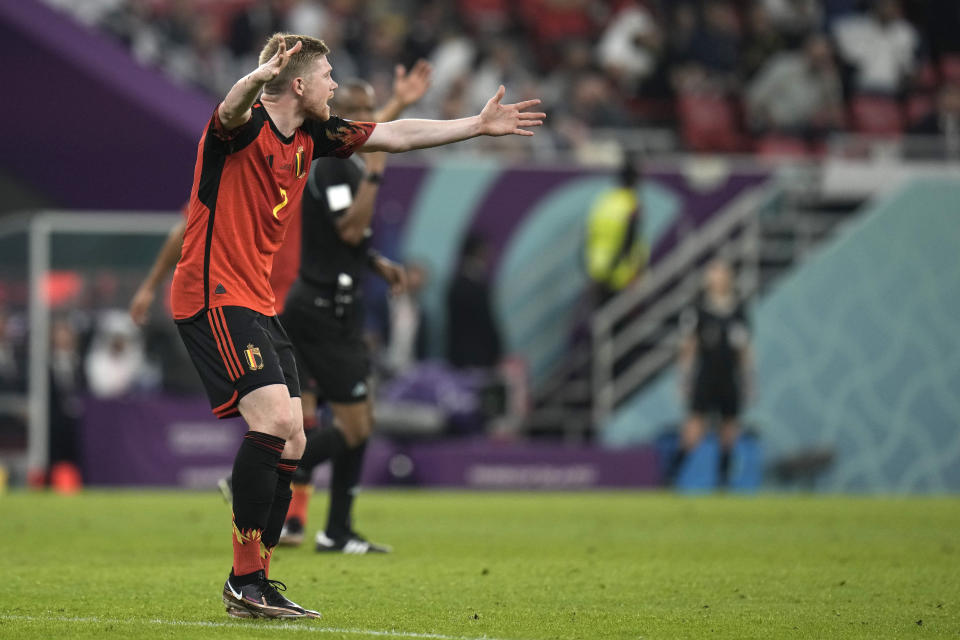 Belgium's Kevin De Bruyne reacts during the World Cup group F soccer match between Belgium and Canada, at the Ahmad Bin Ali Stadium in Doha, Qatar, Wednesday, Nov. 23, 2022. (AP Photo/Hassan Ammar)