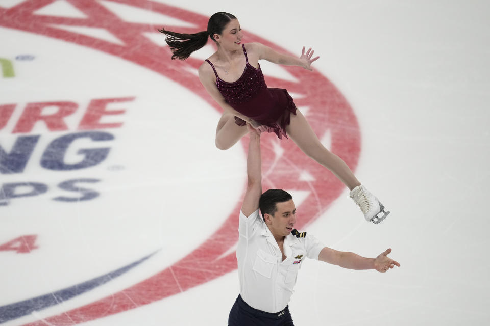 Valentina Plazas and Maximiliano Fernandez compete in championship pairs at the U.S. figure skating championships Saturday, Jan. 27, 2024, in Columbus, Ohio. (AP Photo/Sue Ogrocki)