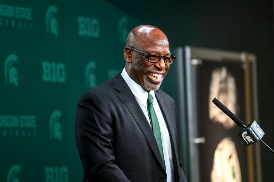 Michigan State football's acting head coach Harlon Barnett smiles during his first press conference since taking over for suspended coach Mel Tucker on Tuesday, Sept. 12, 2023, at Spartan Stadium in East Lansing.