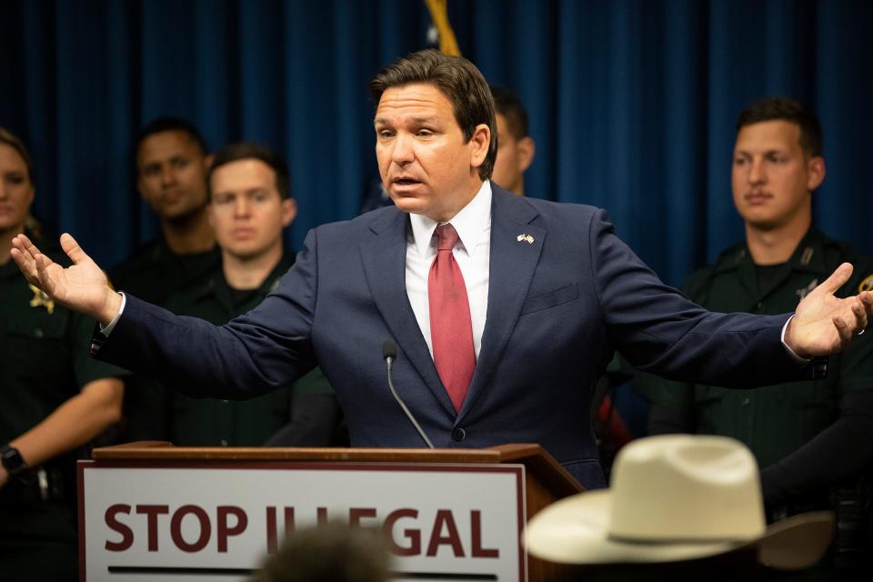 Florida Governor Ron DeSantis comments on illegal immigration during a press conference held at the Sheriff's Operation Center in Winter Haven Fl. Friday March 15, 2024.DeSantis signed 3 bills aimed at illegal immigration , new legislation aiming to “Stop Illegal Immigration” while discussing the state’s response to the crisis in Haiti.
Ernst Peters/The Ledger