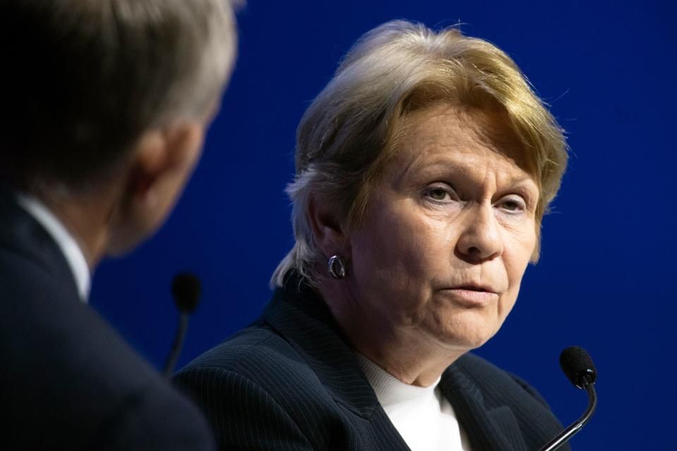 Occidental CEO Vicki Hollub speaks at the panel dicscussion during the Abu Dhabi International Petroleum Exhibition and Conference held at ADNEC Exhibition Center on October 2, 2023. (Photo by Ryan LIM / AFP) (Photo by RYAN LIM/AFP via Getty Images)