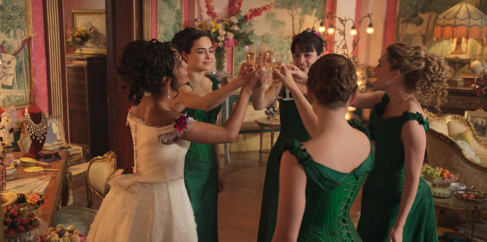 <em>Conchita toasts her bridesmaids and BFFs.</em><p>Photo: Courtesy of Apple TV+</p>