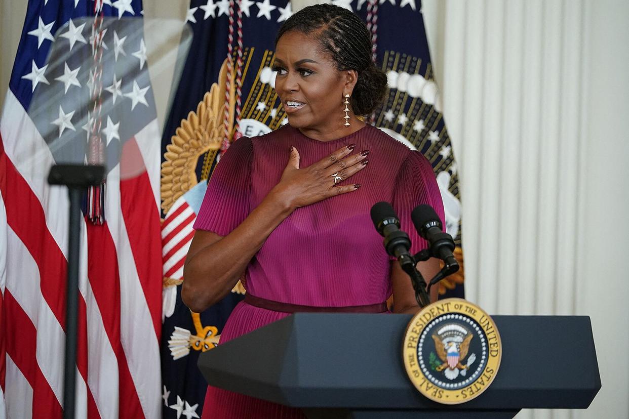 Former US First Lady Michelle Obama speaks during an event to unveil her and former President Barack Obama's official White House portraits, in the East Room of the White House in Washington, DC, on September 7, 2022.