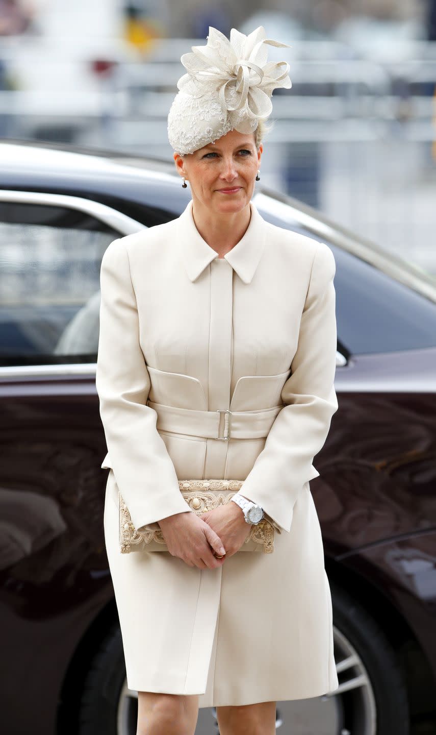 <p>Sophie, Countess of Wessex wore this ecru ensemble for the Commonwealth Observance Service at Westminster Abbey on March 10, 2014 in London,</p>