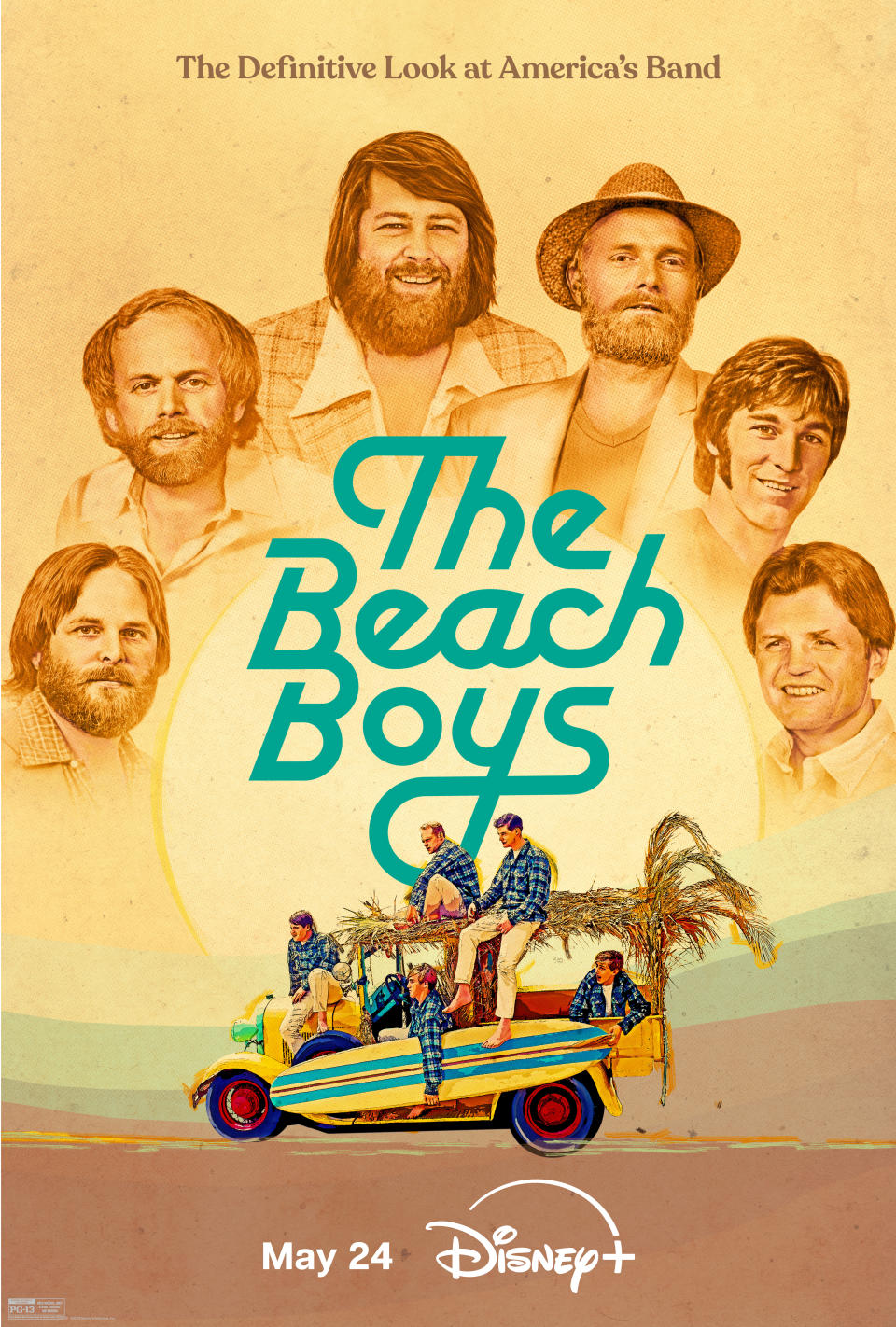 The Beach Boys, amid a dune-buggy surfing setting, in a graphic for the new documentary about them. The words at top read: The Definitive Look at America's Band.