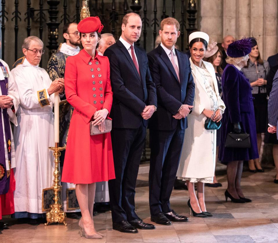 (L-R) Britain's Catherine, Duchess of Cambridge, Britain's Prince William, Duke of Cambridge, Britain's Prince Harry, Duke of Sussex, and Britain's Meghan, Duchess of Sussex attend the Commonwealth Day service at Westminster Abbey in London on March 11, 2019. - Britain's Queen Elizabeth II has been the Head of the Commonwealth throughout her reign. Organised by the Royal Commonwealth Society, the Service is the largest annual inter-faith gathering in the United Kingdom. 