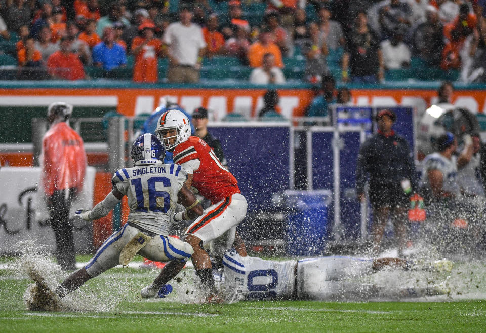 Hard Rock Field hosted a rainy Duke-Miami game on Saturday, which means the field isn’t in great shape for the Jets-Dolphins game on Sunday. (Photo by Mark Brown/Getty Images)