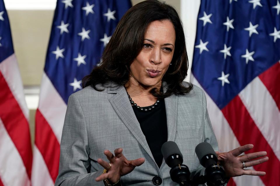 Democratic vice presidential candidate Sen. Kamala Harris, D-Calif., speaks at Shaw University during a campaign visit in Raleigh, N.C., on Sept. 28, 2020.