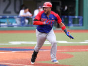 <p>FUKUSHIMA, JAPAN - JULY 28: Charlie Valerio #7 of Team Dominican Republic reacts on his way to first base after hitting a two-run double in the seventh inning against Team Japan during the baseball opening round Group A game on day five of the Tokyo 2020 Olympic Games at Fukushima Azuma Baseball Stadium on July 28, 2021 in Fukushima, Japan. (Photo by Getty Images/Getty Images)</p> 