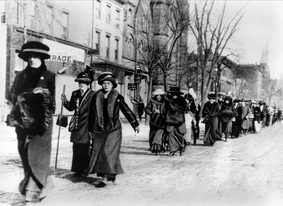 Suffragists led by "General" Rosalie Jones march from New York on their way to the Woman Suffrage Procession in Washington, D.C., on the eve of Woodrow Wilson's inaugural in March 1913.