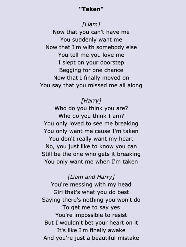 one direction taken lyrics