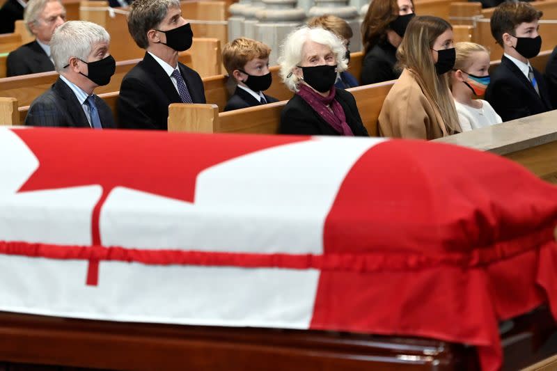 Geills Turner, wife of former Canadian prime minister John Turner, looks at his casket in Toronto