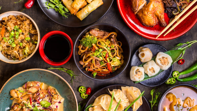 Chinese food assortment in bowls