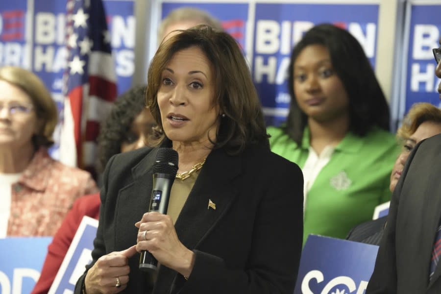 Vice President Kamala Harris speaks to supporters after filing President Joe Biden’s paperwork to appear on South Carolina’s 2024 Democratic presidential primary, on Friday, Nov. 10, 2023, in Columbia, S.C. (AP Photo/Meg Kinnard)