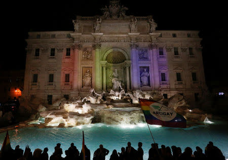 Lights are projected onto the Trevi Fountain to make it look rainbow coloured to celebrate the civil unions bill in Rome May 11, 2016. REUTERS/Alessandro Bianchi