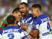 Tony 'T-Rex' Williams celebrates the Bulldogs first try in the grand final