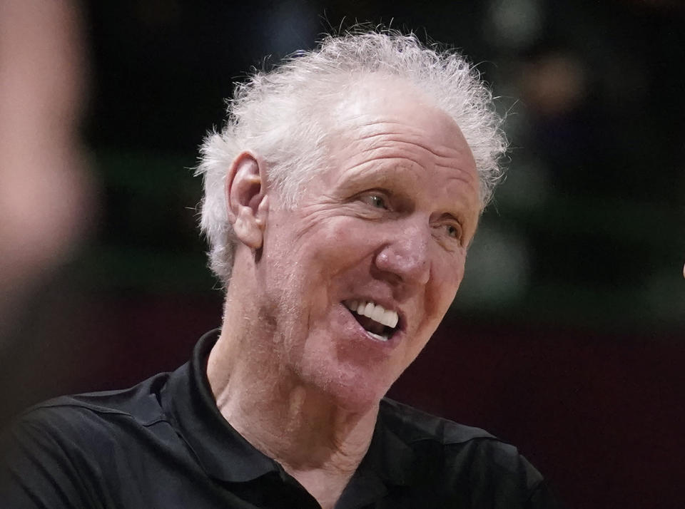 FILE - Basketball Hall of Fame legend Bill Walton laughs during a practice session for the NBA All-Star basketball game in Cleveland, Saturday, Feb. 19, 2022. (AP Photo/Charles Krupa)