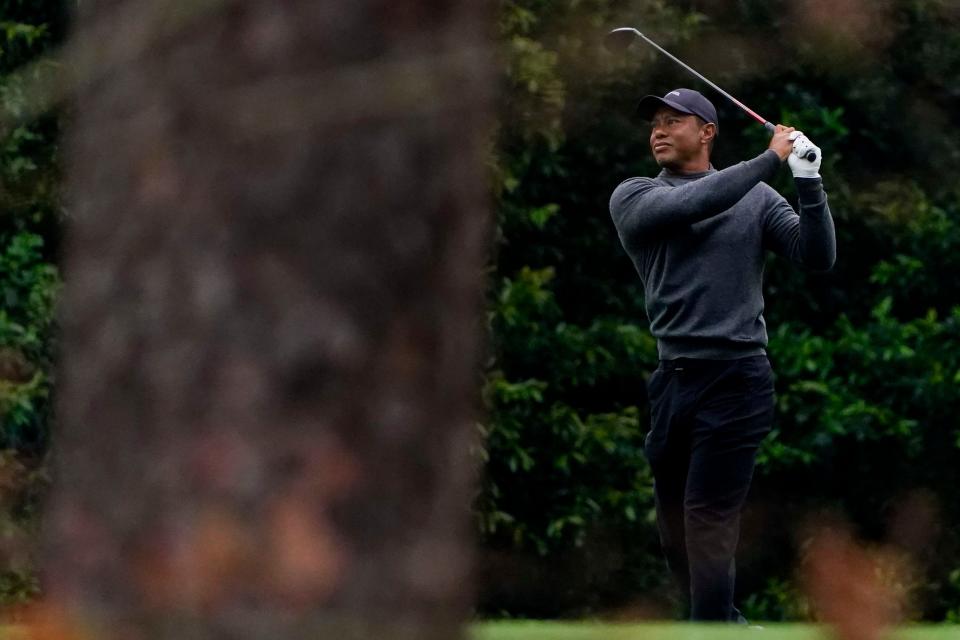 Tiger Woods plays his ball on the No. 2 fairway during a practice round for the 2024 Masters Tournament at Augusta National Golf Club. (Photo: Katie Goodale-USA TODAY Network)