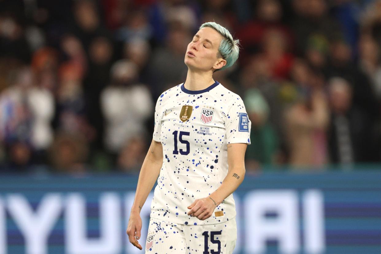 Megan Rapinoe reacts to her miss in penalty kicks at the 2023 World Cup.