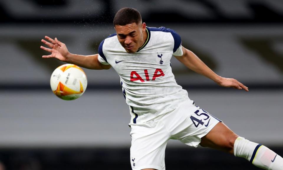 Carlos Vinicius, with his eyes closed, scores Tottenham’s second goal with a header in the 4-0 win over Wolfsberger.