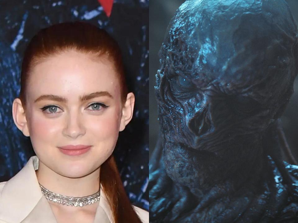 left: sadie sink at the stranger things season four, looking at the camera and smiling with her hair pulled back and wearing a cream-colored blazer; right: vecna, a slimy and vine-laden humanoid creature without a nose, in stranger things