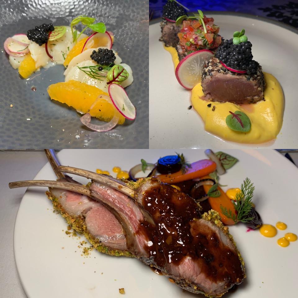 A combination image of three different pictures or artfully plated meals.