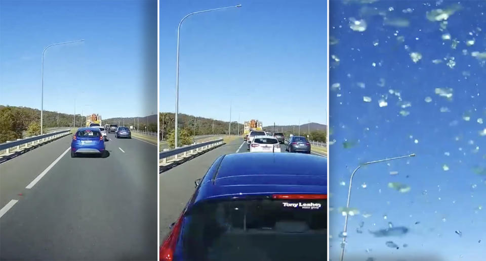 A series of images from the driver's dashcam showing the car's approach to the stationary vehicle.