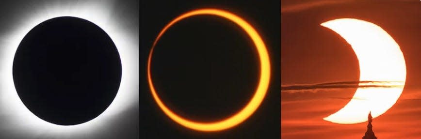From left to right: a total eclipse, annular eclipse, and partial eclipse.