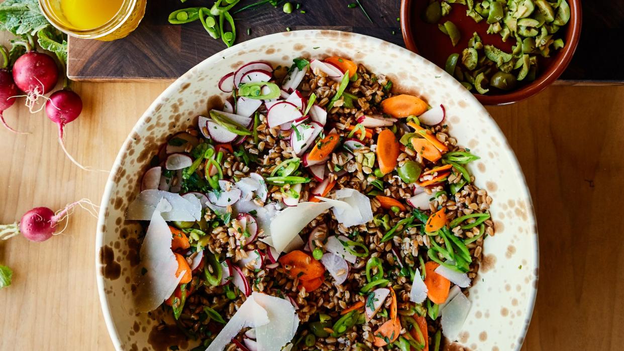 Farro Salad with Radishes, Snap Peas, Olives, and Pecorino Recipe