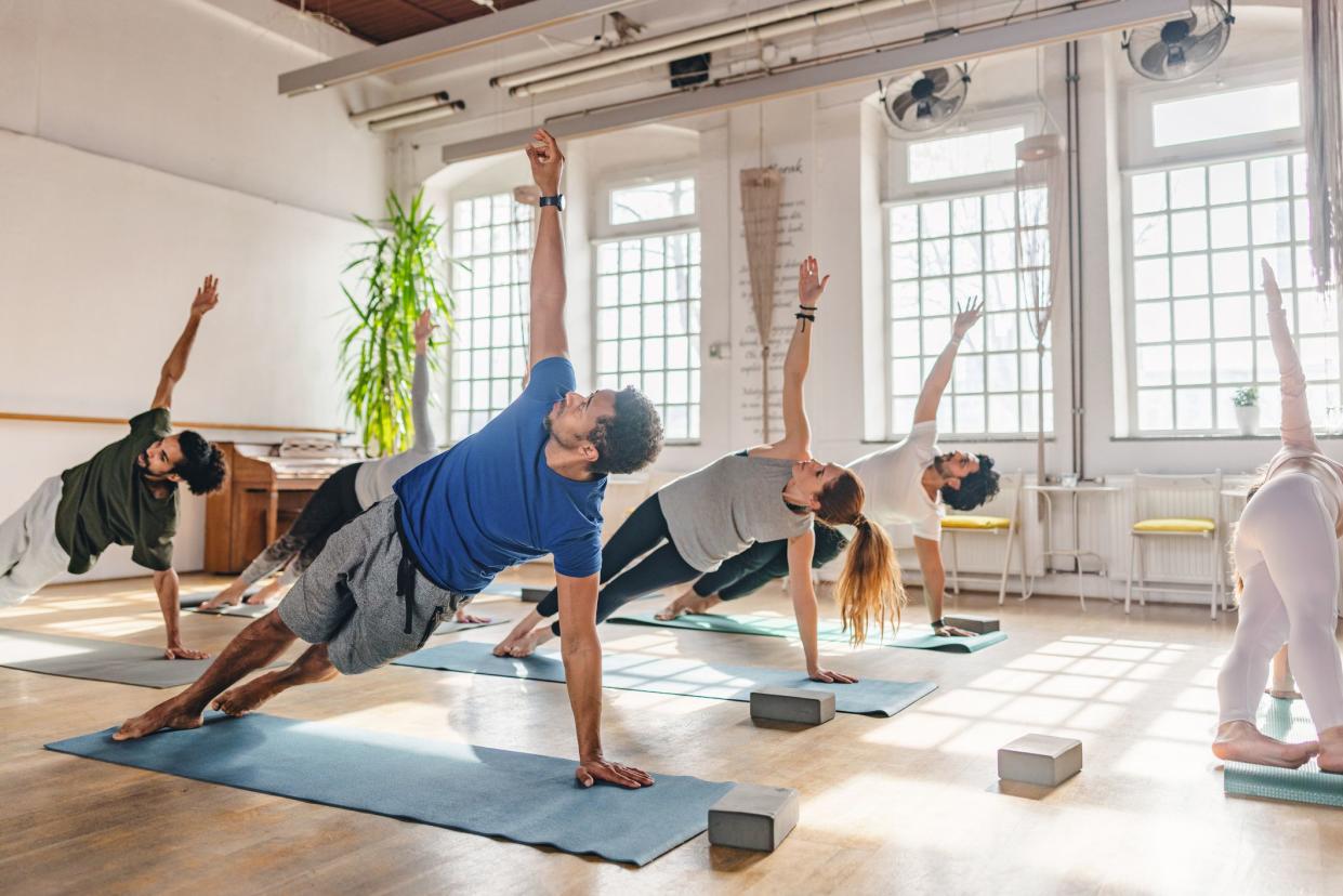 Diverse yoga practitioners doing a side plank on yoga mats during a yoga class. They are located in a beautiful yoga studio with natural light, big windows and plants.