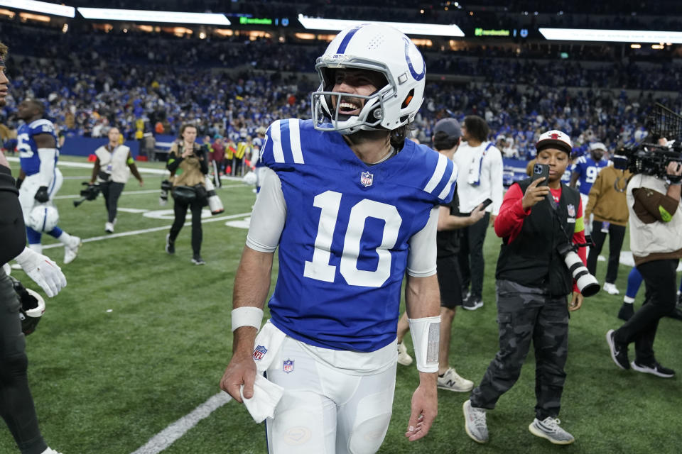 Indianapolis Colts quarterback Gardner Minshew (10) Stanton the field after an NFL football game against the Tampa Bay Buccaneers Sunday, Nov. 26, 2023, in Indianapolis. (AP Photo/Michael Conroy)