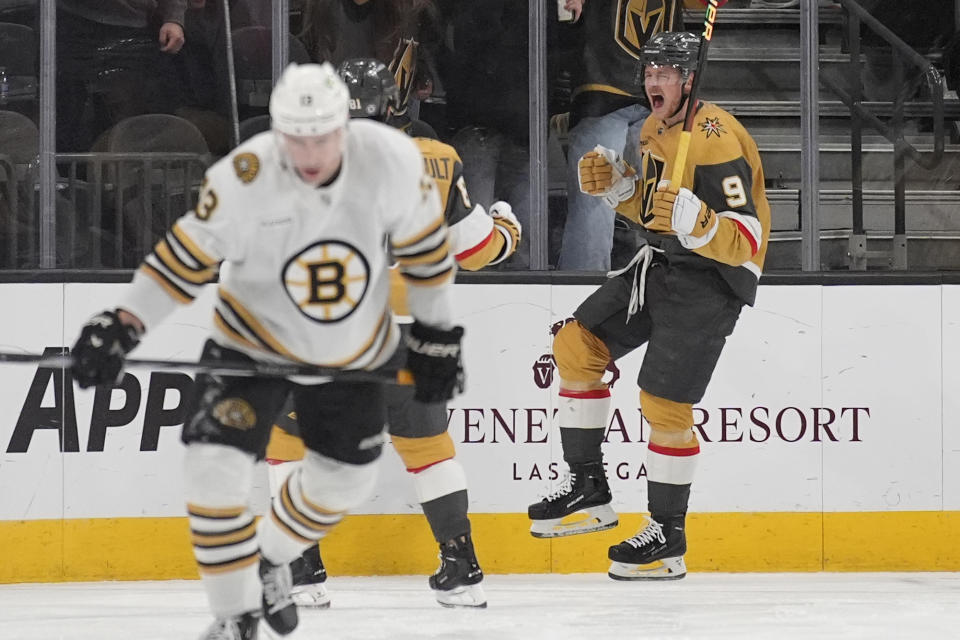 Vegas Golden Knights center Jack Eichel (9) celebrates after scoring against the Boston Bruins during the third period of an NHL hockey game Thursday, Jan. 11, 2024, in Las Vegas. (AP Photo/John Locher)