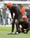 Cleveland Browns place kicker Cade York (3) and holder Corey Bojorquez react after missing a field goal during the first half of an NFL football game against the Tampa Bay Buccaneers in Cleveland, Sunday, Nov. 27, 2022. (AP Photo/Ron Schwane)