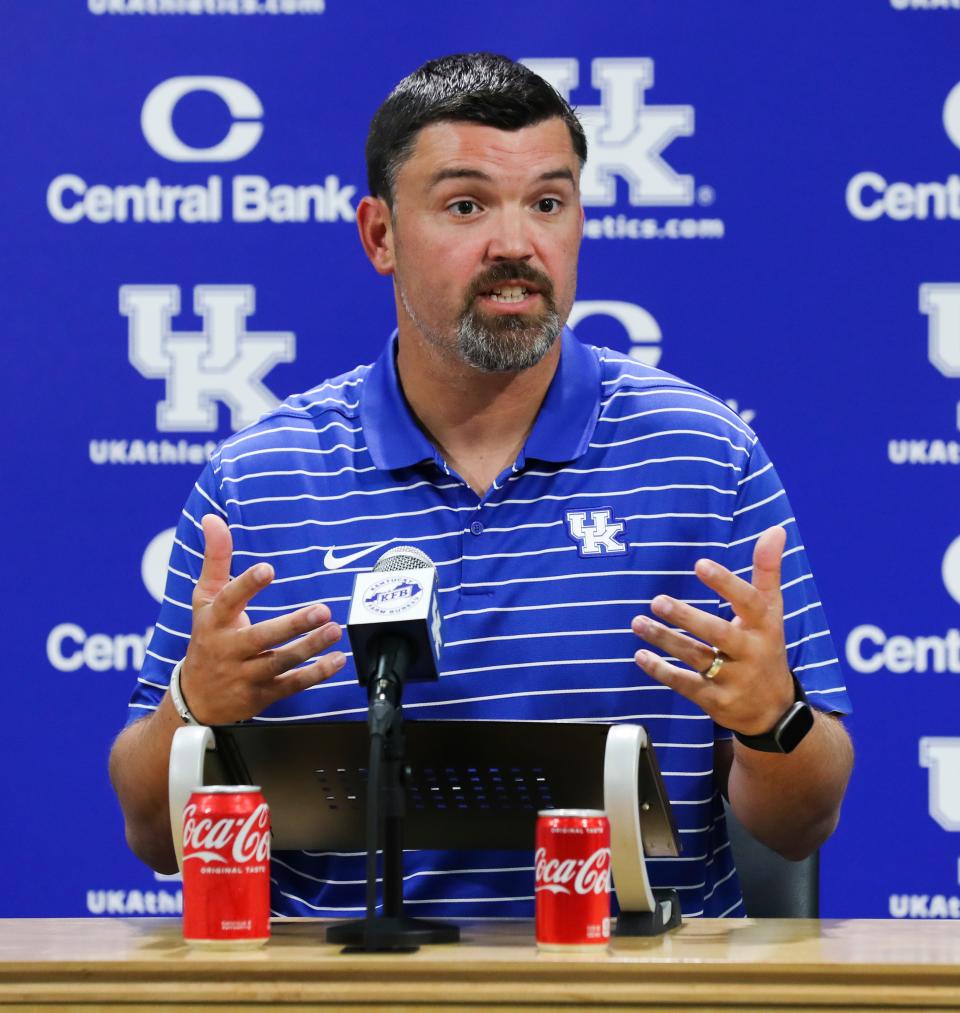 UK defensive coordinator Brad White talks to media members about the upcoming season on Aug. 3, 2022.