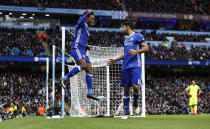 Britain Football Soccer - Manchester City v Chelsea - Premier League - Etihad Stadium - 3/12/16 Chelsea's Willian celebrates scoring their second goal with Diego Costa Action Images via Reuters / Jason Cairnduff Livepic EDITORIAL USE ONLY. No use with unauthorized audio, video, data, fixture lists, club/league logos or "live" services. Online in-match use limited to 45 images, no video emulation. No use in betting, games or single club/league/player publications. Please contact your account representative for further details.