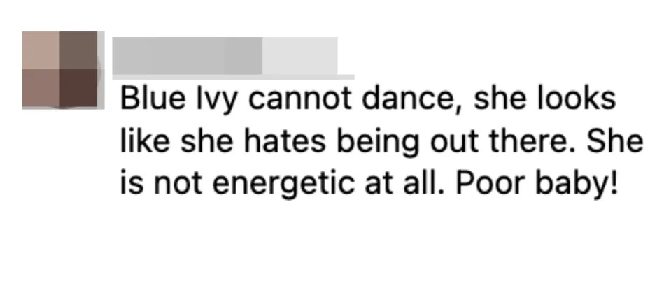 Blue Ivy cannot dance, she looks like she hates being out there. She is not energetic at all. Poor baby!